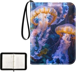 4 Pockets Trading Card Album Holder Book Folder Sports Card Binder Glowing Jellyfish 400 Double Side Pockets for 3 Ring Binder Zipper
