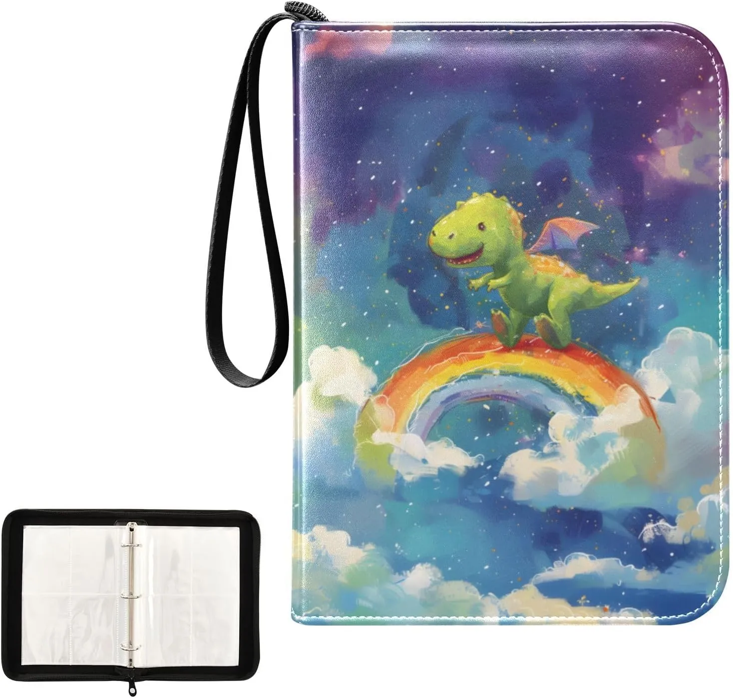 4 Pockets Trading Card Album Holder Book Folder Sports Card Binder Green Dinosaur Rainbow 400 Double Side Pockets for 3 Ring Binder Zipper