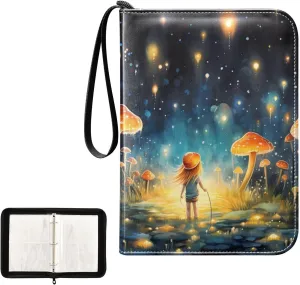 4 Pockets Trading Card Album Holder Book Folder Sports Card Binder Mushroom Painting 400 Double Side Pockets for 3 Ring Binder Zipper