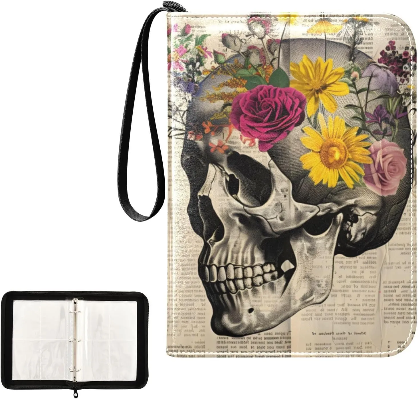 4 Pockets Trading Card Album Holder Book Folder Sports Card Binder Newspaper Skull 400 Double Side Pockets for 3 Ring Binder Zipper