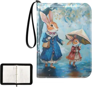 4 Pockets Trading Card Album Holder Book Folder Sports Card Binder Rabbit Bunny Painting 400 Double Side Pockets for 3 Ring Binder Zipper