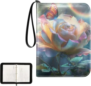 4 Pockets Trading Card Album Holder Book Folder Sports Card Binder Rose Butterfly 400 Double Side Pockets for 3 Ring Binder Zipper