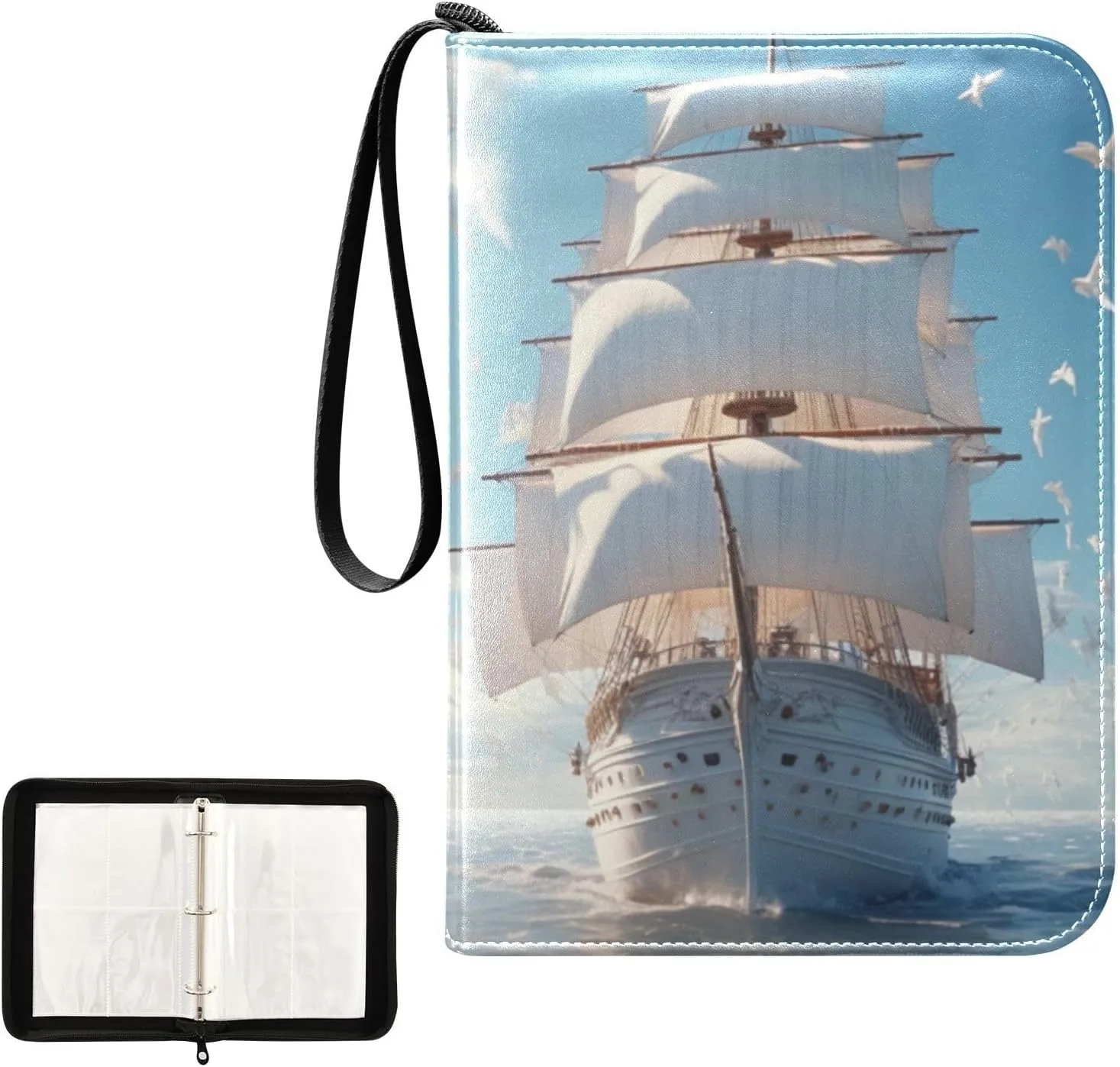 4 Pockets Trading Card Album Holder Book Folder Sports Card Binder Sailboat Sailing 400 Double Side Pockets for 3 Ring Binder Zipper