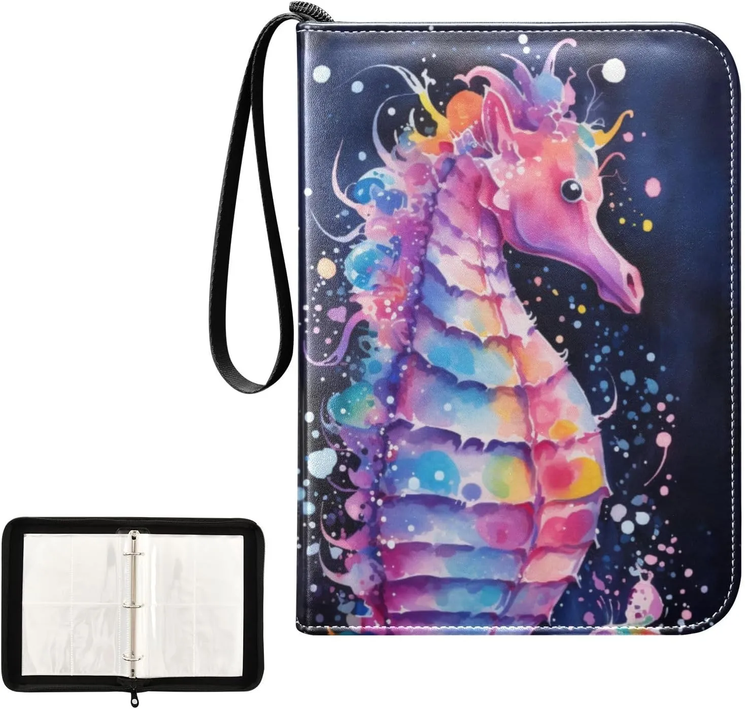 4 Pockets Trading Card Album Holder Book Folder Sports Card Binder Sea Horse 2 400 Double Side Pockets for 3 Ring Binder Zipper