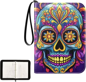 4 Pockets Trading Card Album Holder Book Folder Sports Card Binder Skull Mexican 400 Double Side Pockets for 3 Ring Binder Zipper