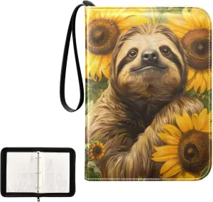 4 Pockets Trading Card Album Holder Book Folder Sports Card Binder Sloths and Sunflowers 400 Double Side Pockets for 3 Ring Binder Zipper