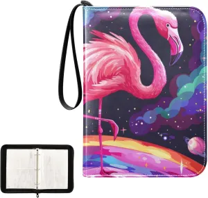 4 Pockets Trading Card Album Holder Book Folder Sports Card Binder Space Flamingo 400 Double Side Pockets for 3 Ring Binder Zipper