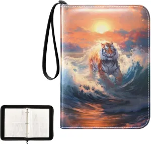4 Pockets Trading Card Album Holder Book Folder Sports Card Binder Tiger Painting 400 Double Side Pockets for 3 Ring Binder Zipper