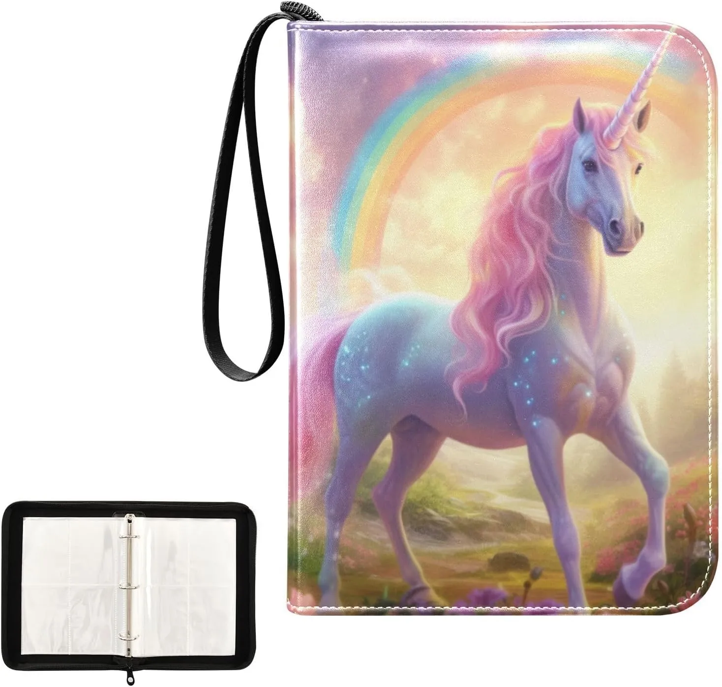 4 Pockets Trading Card Album Holder Book Folder Sports Card Binder Unicorn Rainbow 4 400 Double Side Pockets for 3 Ring Binder Zipper