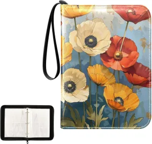 4 Pockets Trading Card Album Holder Book Folder Sports Card Binder Vintage Poppies 400 Double Side Pockets for 3 Ring Binder Zipper