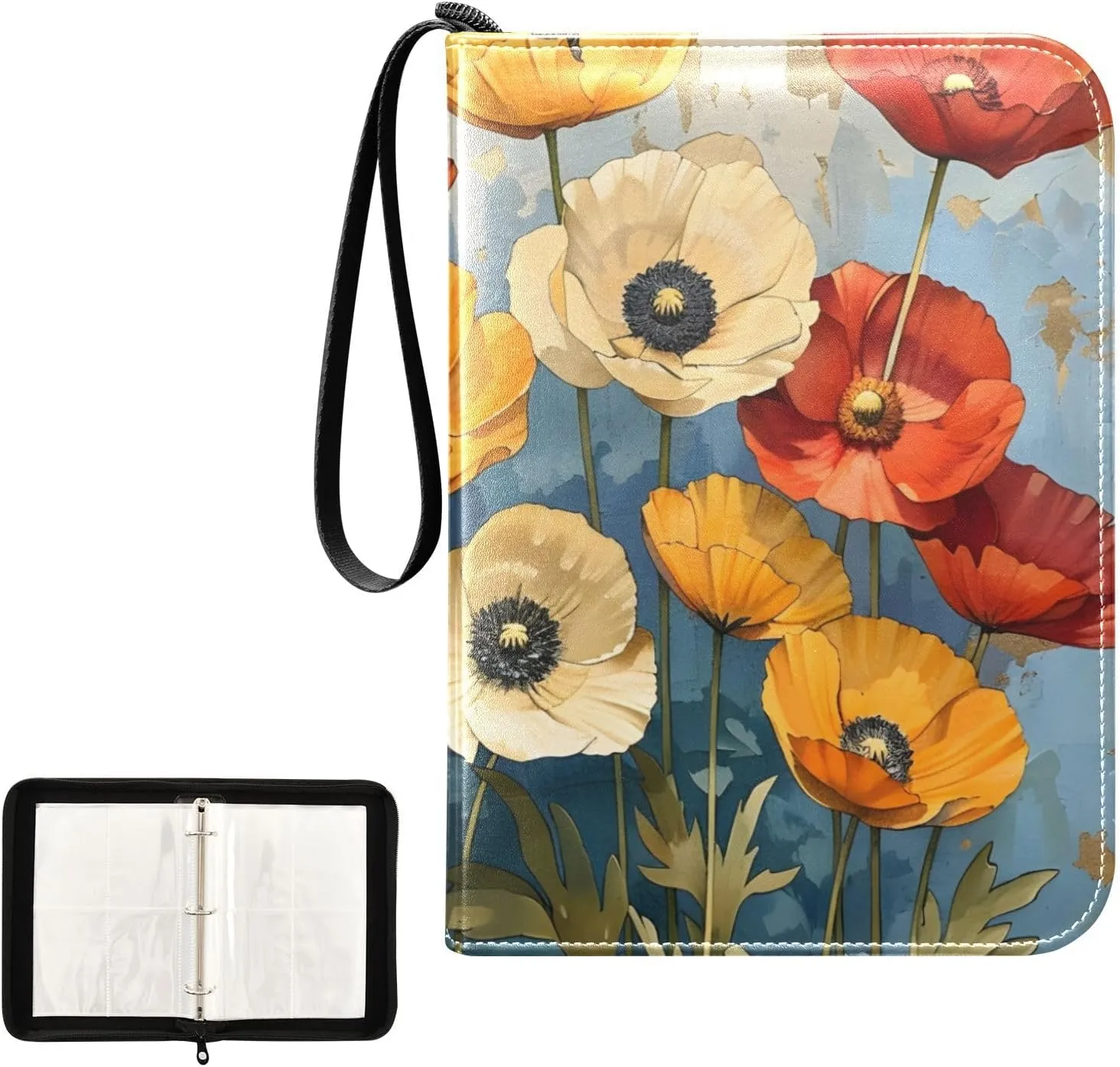 4 Pockets Trading Card Album Holder Book Folder Sports Card Binder Vintage Poppies 400 Double Side Pockets for 3 Ring Binder Zipper