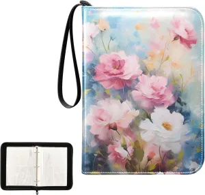 4 Pockets Trading Card Album Holder Book Folder Sports Card Binder Watercolor Painting Flower 400 Double Side Pockets for 3 Ring Binder Zipper