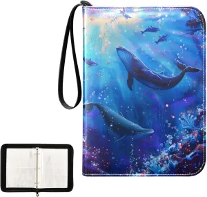 4 Pockets Trading Card Album Holder Book Folder Sports Card Binder Whale Undersea 400 Double Side Pockets for 3 Ring Binder Zipper