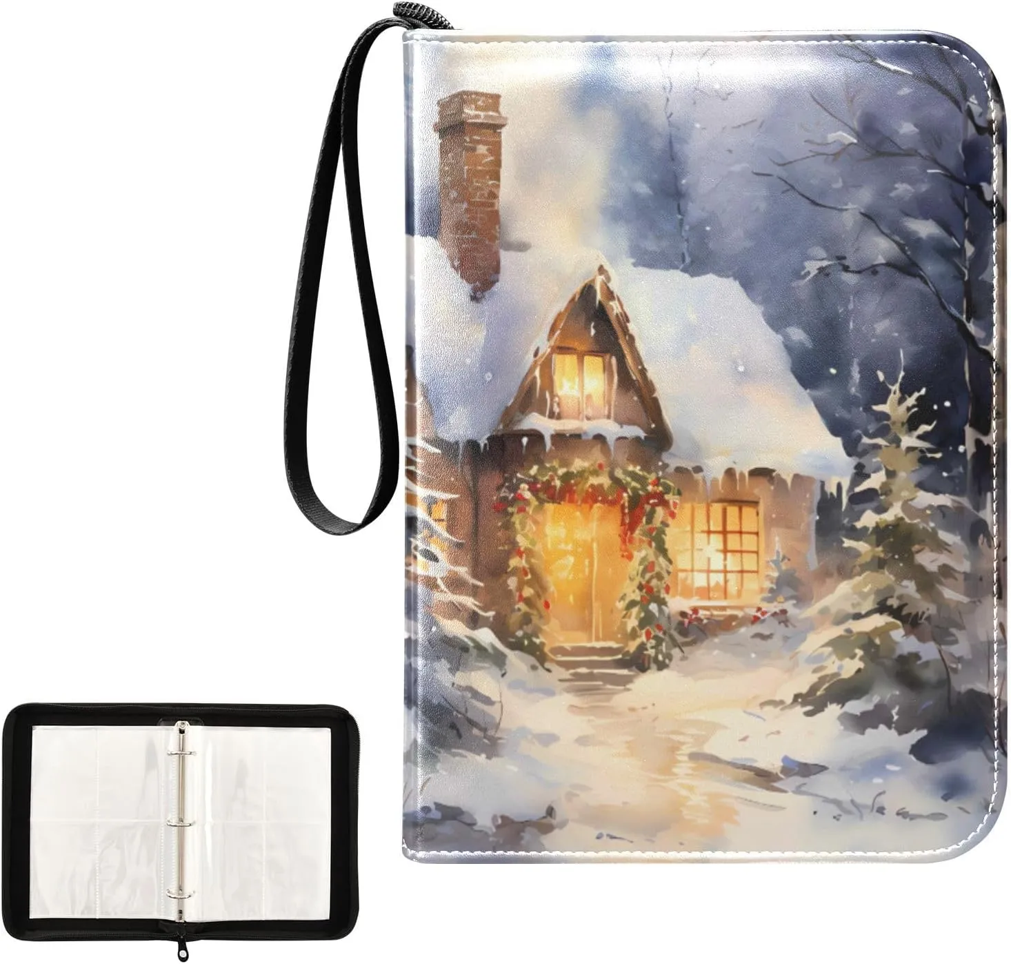 4 Pockets Trading Card Album Holder Book Folder Sports Card Binder Winter Cottage 400 Double Side Pockets for 3 Ring Binder Zipper