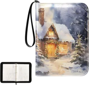 4 Pockets Trading Card Album Holder Book Folder Sports Card Binder Winter Cottage 400 Double Side Pockets for 3 Ring Binder Zipper