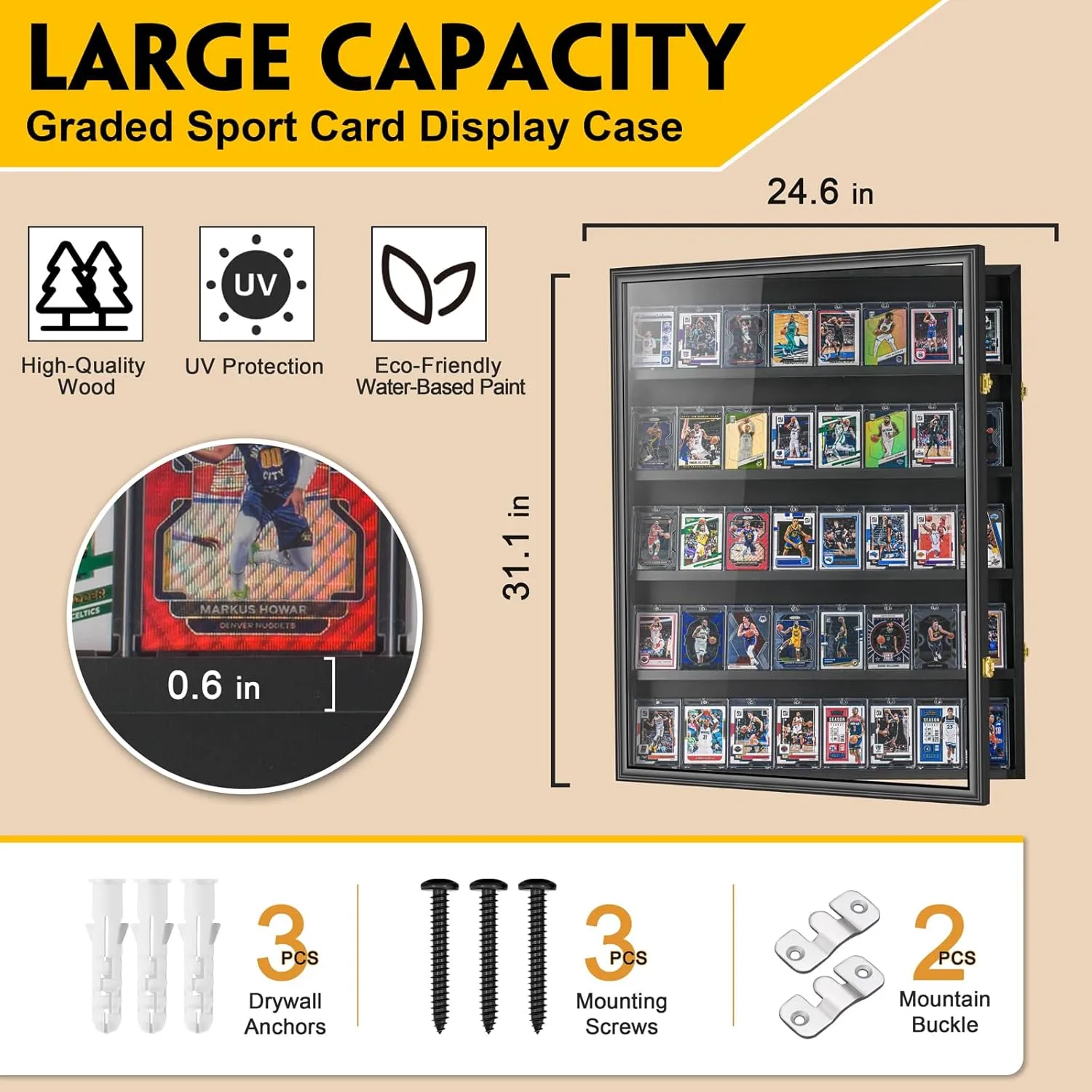 40 Graded Sport Card Display Case XL Baseball Card Display Case Wooden Wall Cabinet for Basketball Football Hockey Trading Cards Display Collectibles Souvenirs