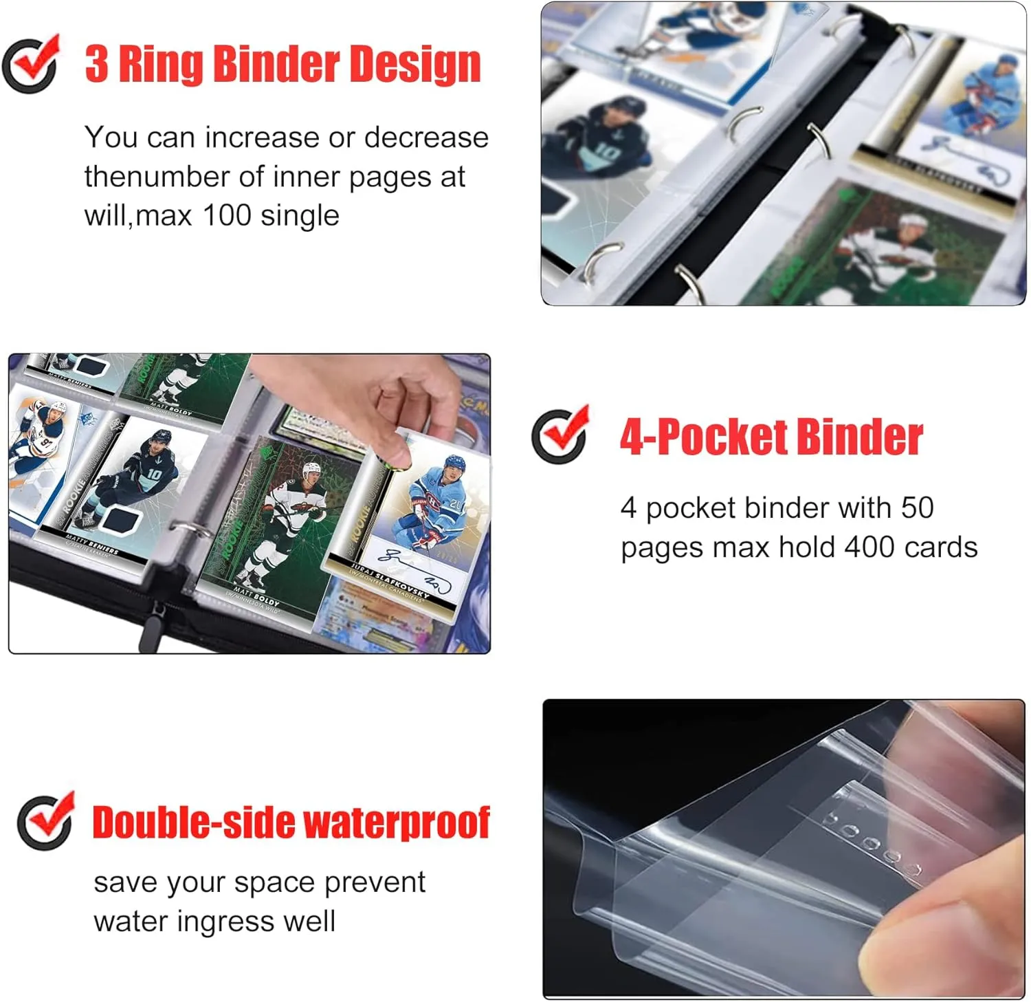400 Pockets Hockey Card Binder for Trading Cards 2024-2025 Collectors, Portable Waterproof Storage Book With Removable Sleeves, Compatible With Football, Sports Game and TCG Cards