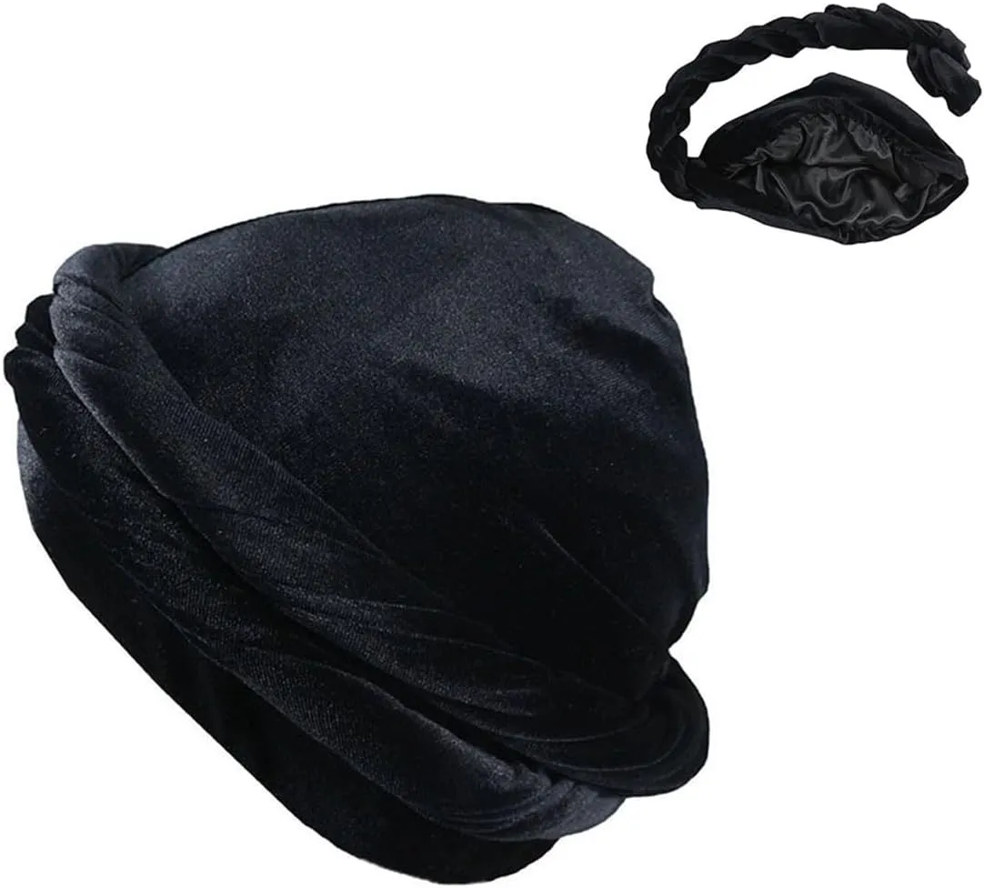 4PCS Turban for Men, Halo Velvet Turban Durag Satin Lined Turban for Men, Head Wraps for Men