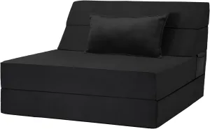 5 in 1 Folding Sofa Bed, Twin Size Convertible Sleeper Chair with Pillow, Memory Foam Futon Couch, Velvet Fabric Washable Mattress for Living Room, Dorm, Guest, Home Office, Apartment, Black