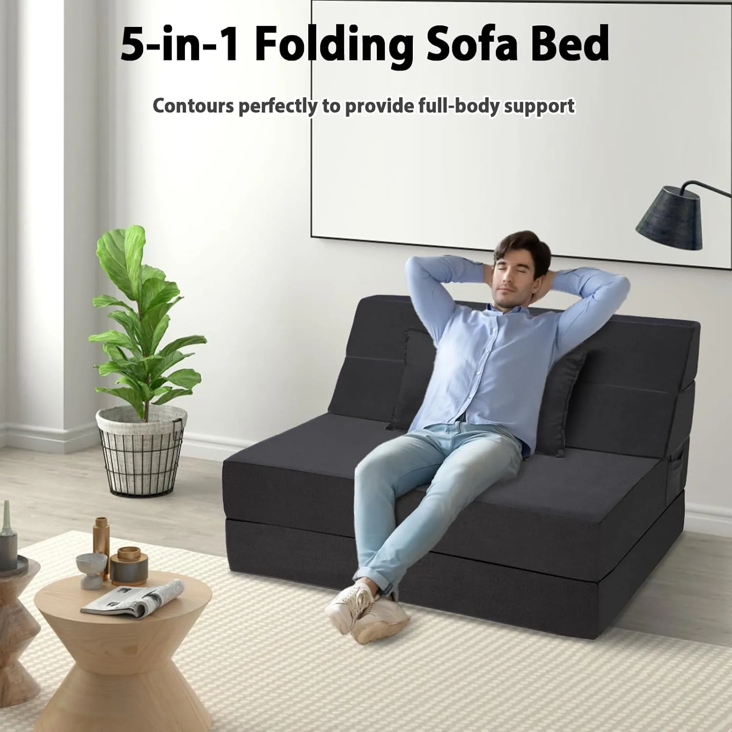5 in 1 Folding Sofa Bed, Twin Size Convertible Sleeper Chair with Pillow, Memory Foam Futon Couch, Velvet Fabric Washable Mattress for Living Room, Dorm, Guest, Home Office, Apartment, Black