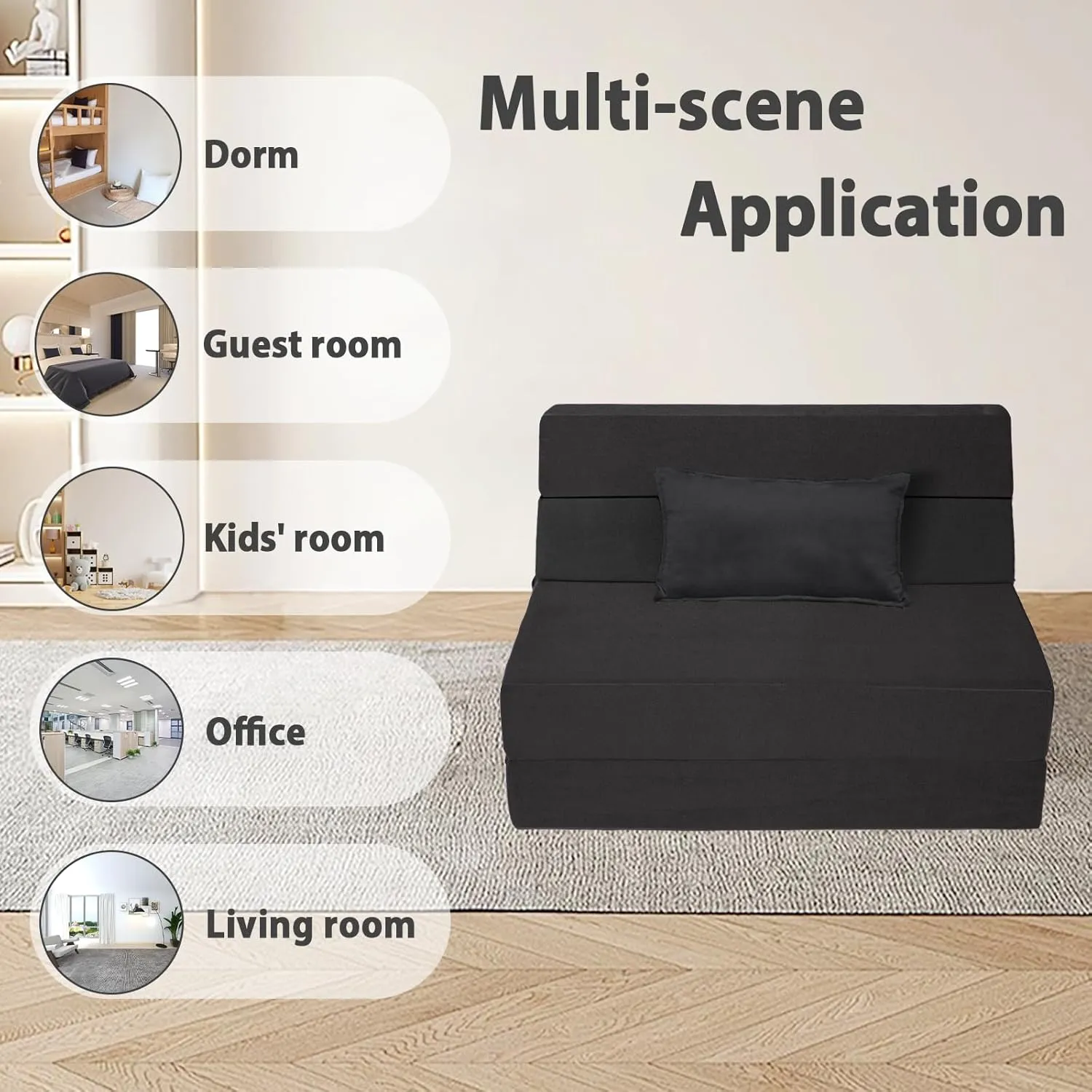 5 in 1 Folding Sofa Bed, Twin Size Convertible Sleeper Chair with Pillow, Memory Foam Futon Couch, Velvet Fabric Washable Mattress for Living Room, Dorm, Guest, Home Office, Apartment, Black