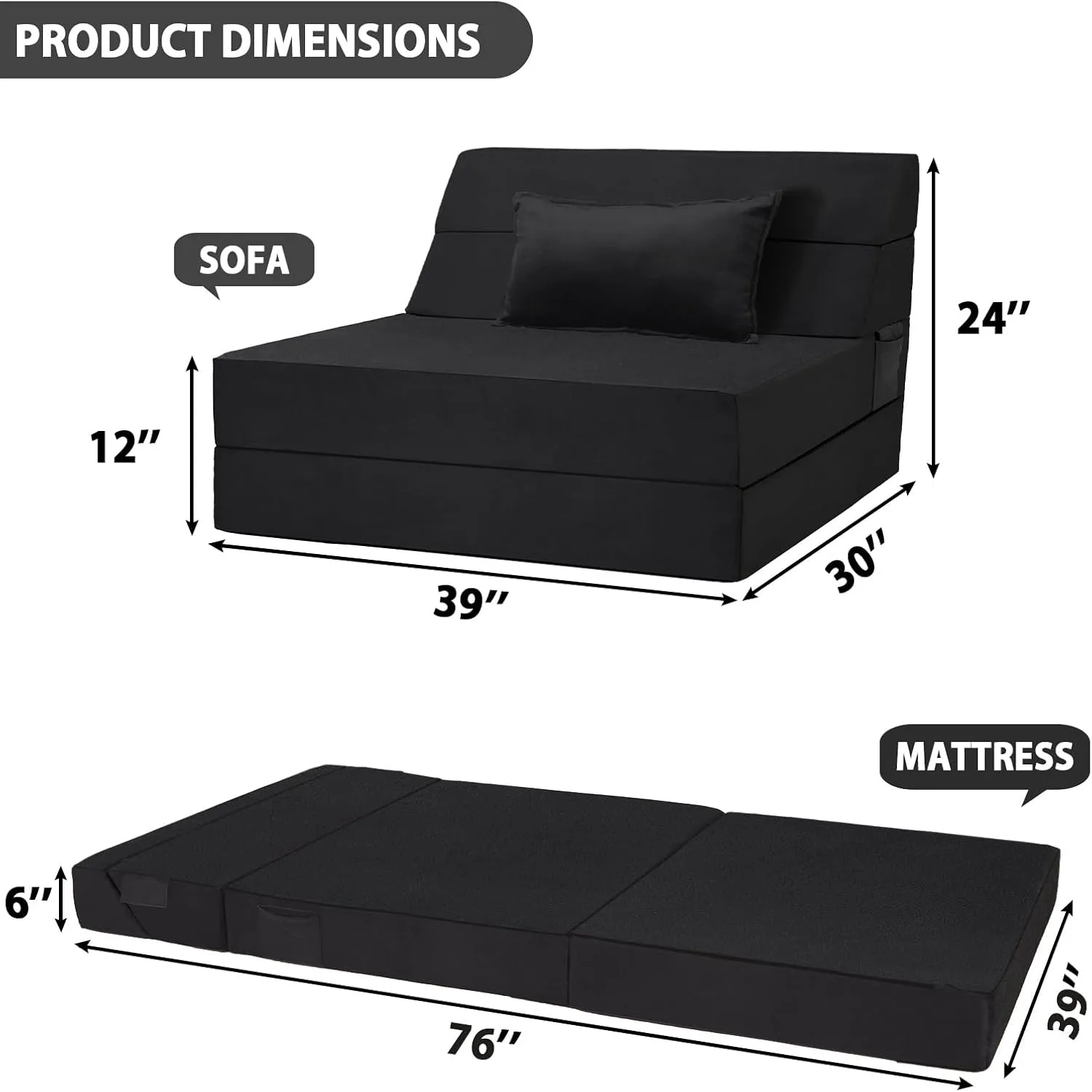 5 in 1 Folding Sofa Bed, Twin Size Convertible Sleeper Chair with Pillow, Memory Foam Futon Couch, Velvet Fabric Washable Mattress for Living Room, Dorm, Guest, Home Office, Apartment, Black