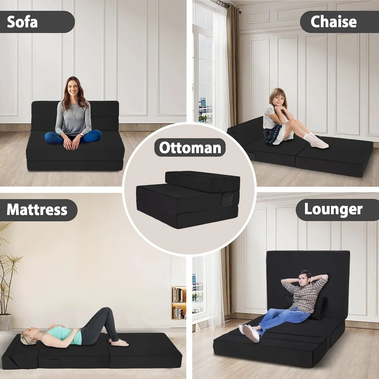 5 in 1 Folding Sofa Bed, Twin Size Convertible Sleeper Chair with Pillow, Memory Foam Futon Couch, Velvet Fabric Washable Mattress for Living Room, Dorm, Guest, Home Office, Apartment, Black