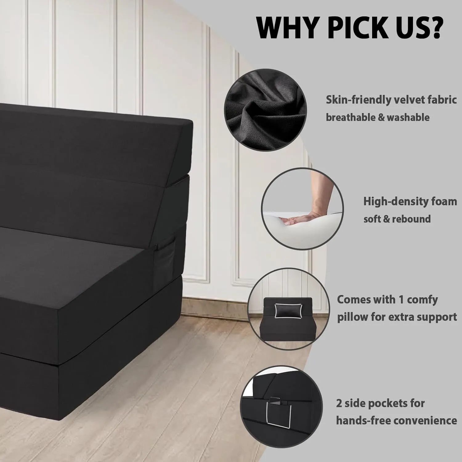 5 in 1 Folding Sofa Bed, Twin Size Convertible Sleeper Chair with Pillow, Memory Foam Futon Couch, Velvet Fabric Washable Mattress for Living Room, Dorm, Guest, Home Office, Apartment, Black