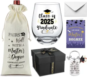 5 Pcs Masters Graduation Gifts Set for Women Class of 2025 Masters Degree Stemless Wine Glass 17 oz Greeting Card Reusable Wine Bag Keychain and Gift Box for Graduation Congratulation