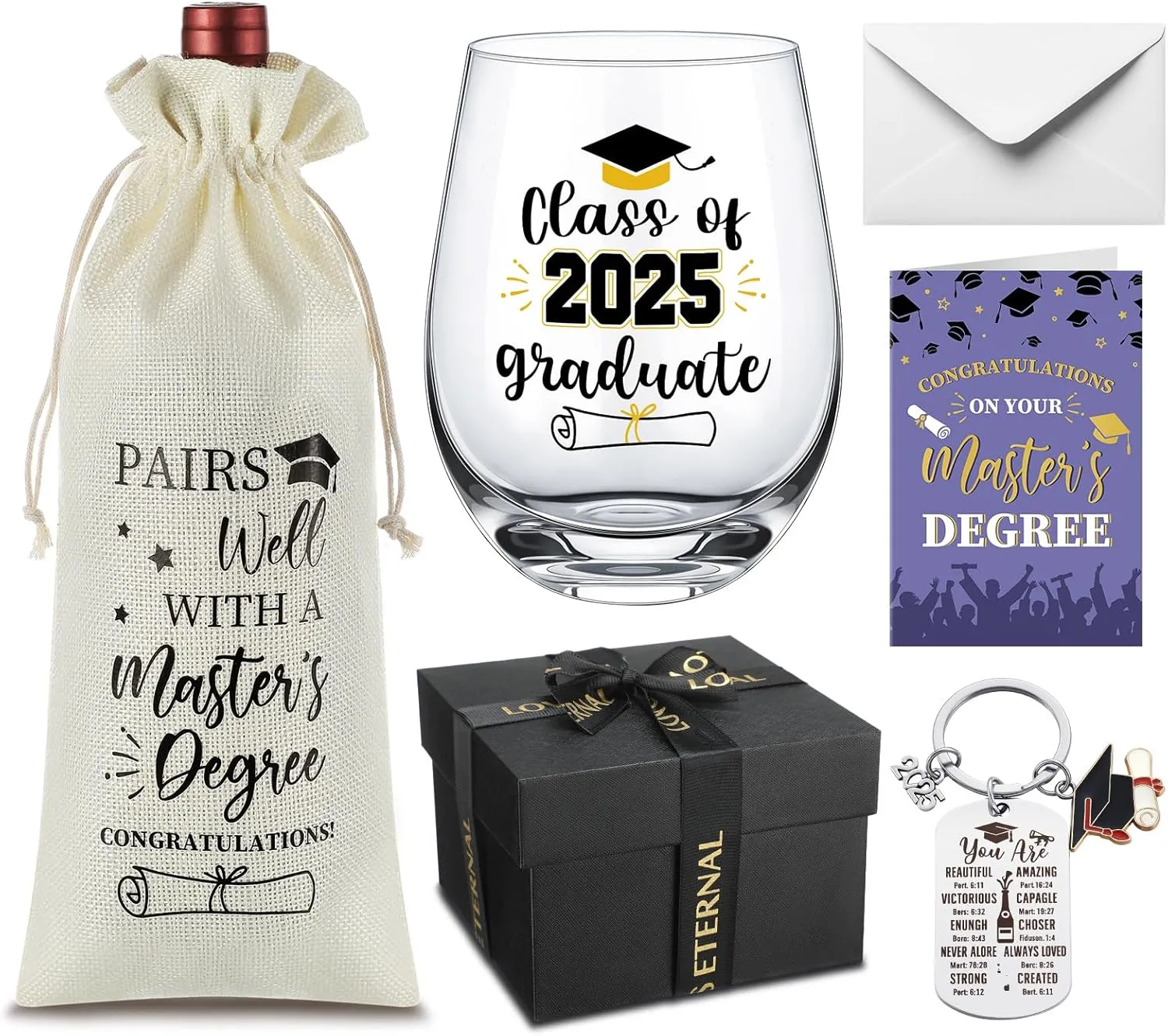 5 Pcs Masters Graduation Gifts Set for Women Class of 2025 Masters Degree Stemless Wine Glass 17 oz Greeting Card Reusable Wine Bag Keychain and Gift Box for Graduation Congratulation