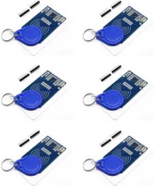 6-Piece RFID Kit: Mifare RC522 RF IC Card Sensor Module with S50 Blank Cards and Keychains, Compatible with Arduino and Raspberry Pi