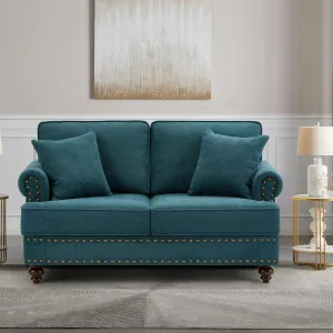 60.8" Chenille Velvet Chesterfield Loveseat 2 Seater Couch Nailhead Trim Rolled Arm Turned Legs for Small Living Room Bedroom Apartment Traditional Design Sofa Lake Green
