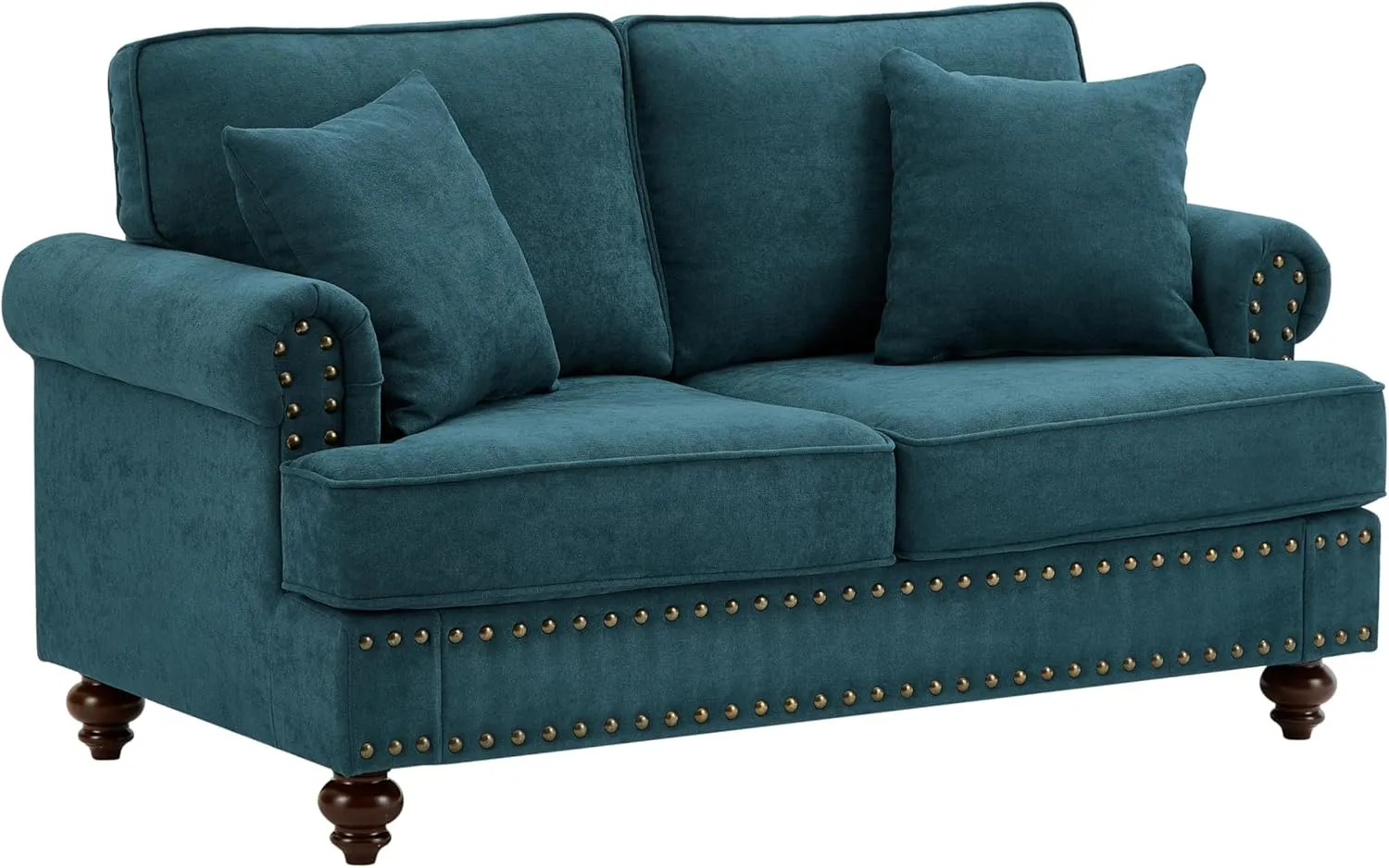 60.8" Chenille Velvet Chesterfield Loveseat 2 Seater Couch Nailhead Trim Rolled Arm Turned Legs for Small Living Room Bedroom Apartment Traditional Design Sofa Lake Green