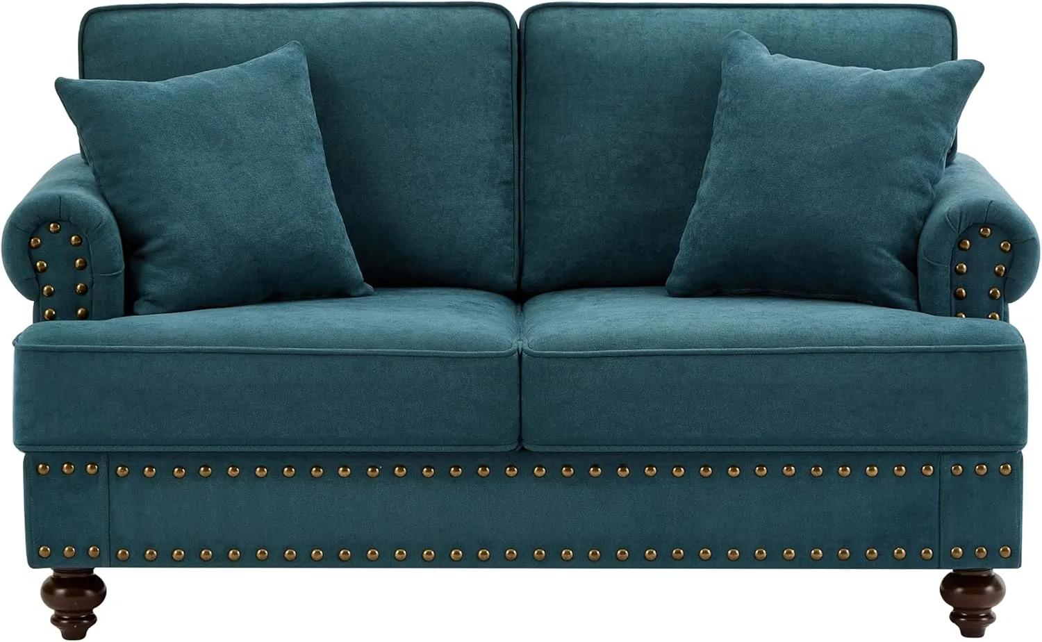 60.8" Chenille Velvet Chesterfield Loveseat 2 Seater Couch Nailhead Trim Rolled Arm Turned Legs for Small Living Room Bedroom Apartment Traditional Design Sofa Lake Green
