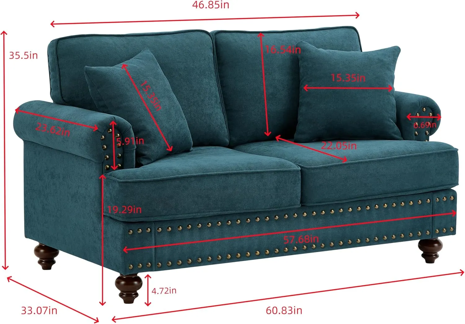 60.8" Chenille Velvet Chesterfield Loveseat 2 Seater Couch Nailhead Trim Rolled Arm Turned Legs for Small Living Room Bedroom Apartment Traditional Design Sofa Lake Green