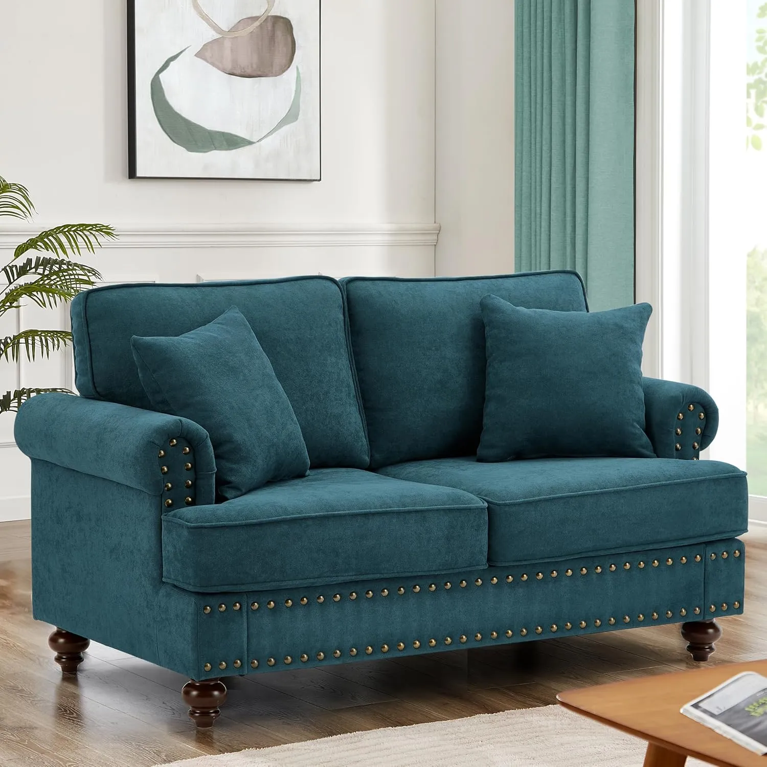 60.8" Chenille Velvet Chesterfield Loveseat 2 Seater Couch Nailhead Trim Rolled Arm Turned Legs for Small Living Room Bedroom Apartment Traditional Design Sofa Lake Green