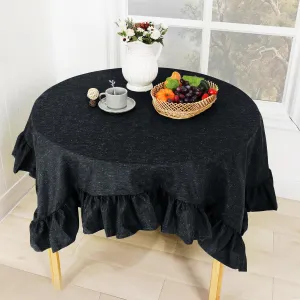 60" Round Decorator Tablecloth Dining and Banquet Rustic Style Linen Ruffled Edge (Black)