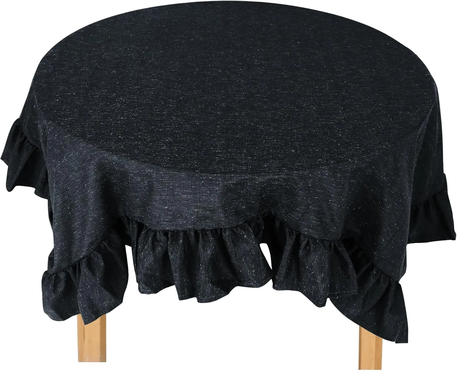 60" Round Decorator Tablecloth Dining and Banquet Rustic Style Linen Ruffled Edge (Black)