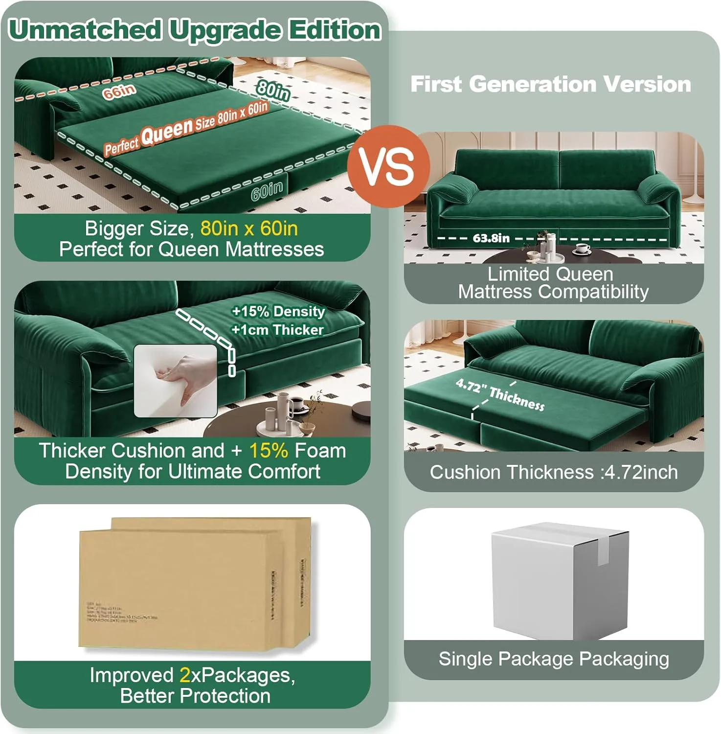 63.8" Futon Sofa Bed Queen Size, Pull Out Bed, 3-in-1 Convertible Sleeper Sofa with Side Pocket, Modern Velvet Futon Couch for Living Room, Small Space, Apartment, Bedroom, Green