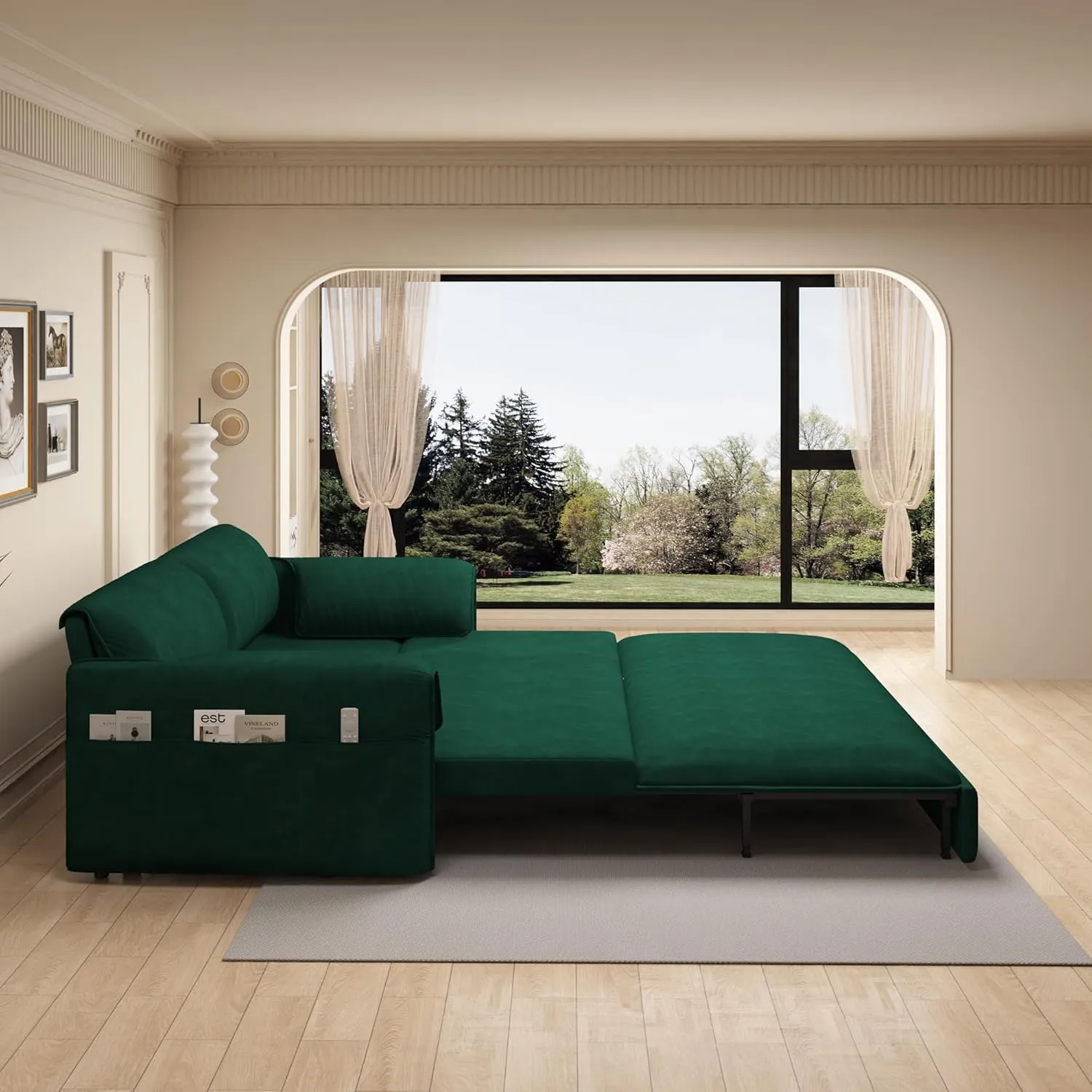 63.8" Futon Sofa Bed Queen Size, Pull Out Bed, 3-in-1 Convertible Sleeper Sofa with Side Pocket, Modern Velvet Futon Couch for Living Room, Small Space, Apartment, Bedroom, Green