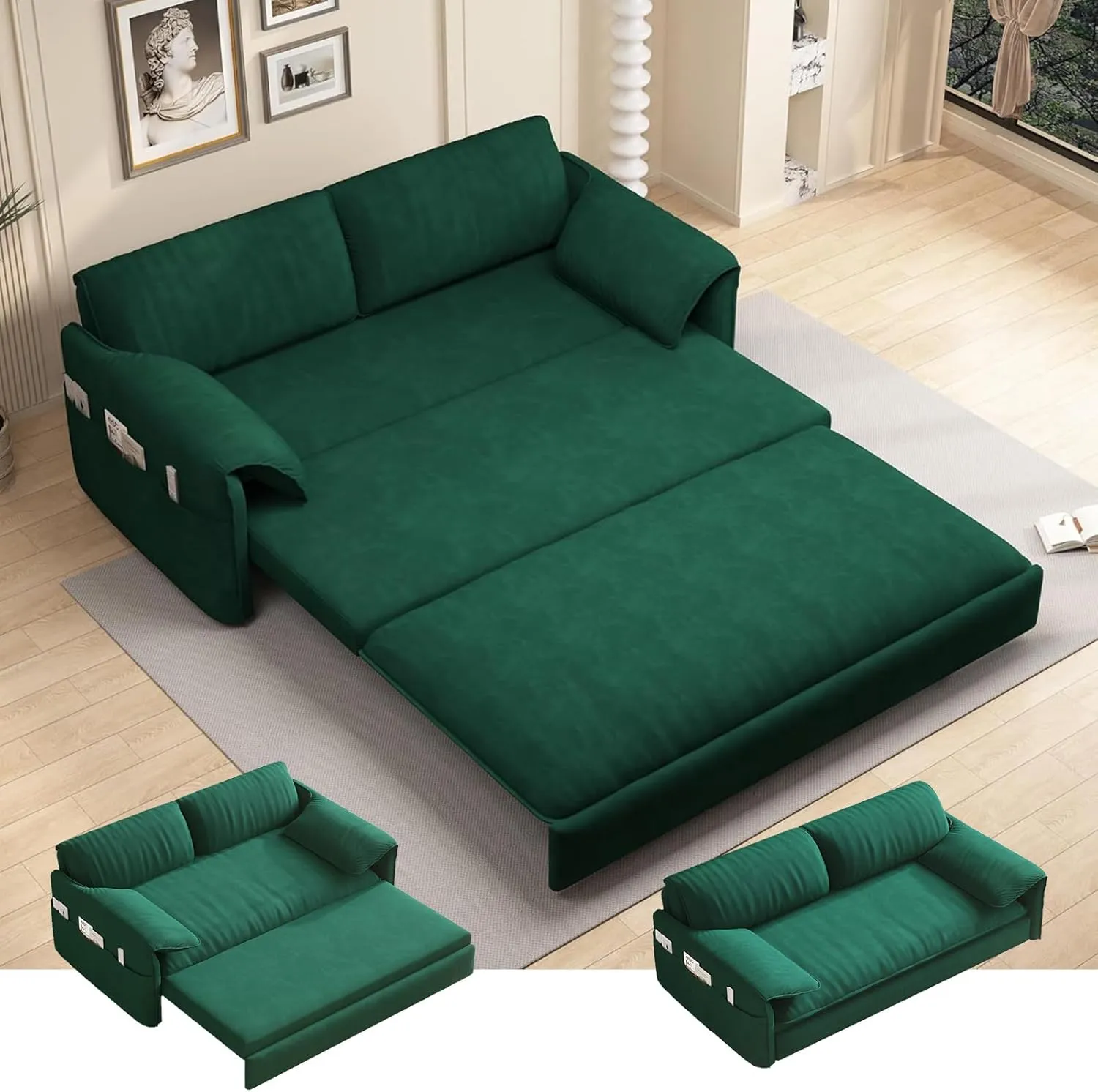 63.8" Futon Sofa Bed Queen Size, Pull Out Bed, 3-in-1 Convertible Sleeper Sofa with Side Pocket, Modern Velvet Futon Couch for Living Room, Small Space, Apartment, Bedroom, Green