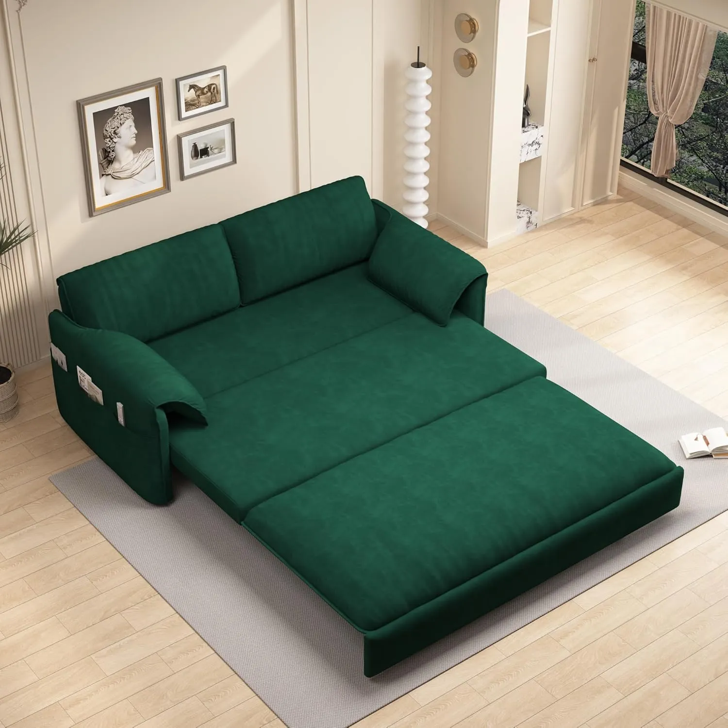 63.8" Futon Sofa Bed Queen Size, Pull Out Bed, 3-in-1 Convertible Sleeper Sofa with Side Pocket, Modern Velvet Futon Couch for Living Room, Small Space, Apartment, Bedroom, Green