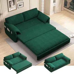 63.8" Futon Sofa Bed Queen Size, Pull Out Bed, 3-in-1 Convertible Sleeper Sofa with Side Pocket, Modern Velvet Futon Couch for Living Room, Small Space, Apartment, Bedroom, Green