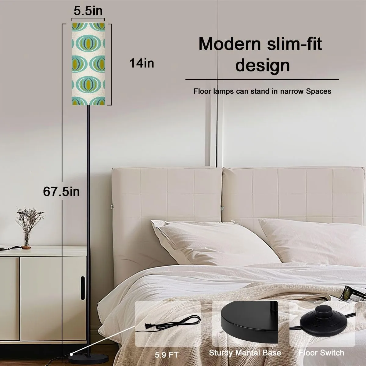 70s Retro repeat Seamless Pattern 60s 70s Retro style Aesthetic Modern Floor Lamp Minimalist Standing Lamps for Living Room LED Corner Lamp Remote Control Metal Pole Lamp for Bedroom, Reading