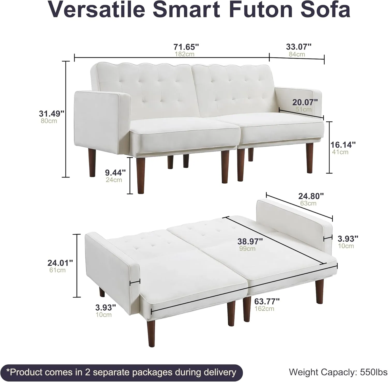 71" Small Futon Sofa Bed, Fabric Sleeper, Mid Century Modern Futon Couch, Sofa Bed Couch with Adjustable Backrest, Versatile Loveseat for Living Room,Dorm, Velvet Beige