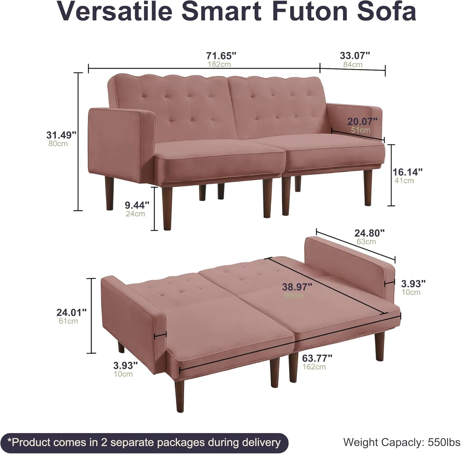 71" Small Futon Sofa Bed, Fabric Sleeper, Mid Century Modern Futon Couch, Sofa Bed Couch with Adjustable Backrest, Versatile Loveseat for Living Room,Dorm, Velvet Pink
