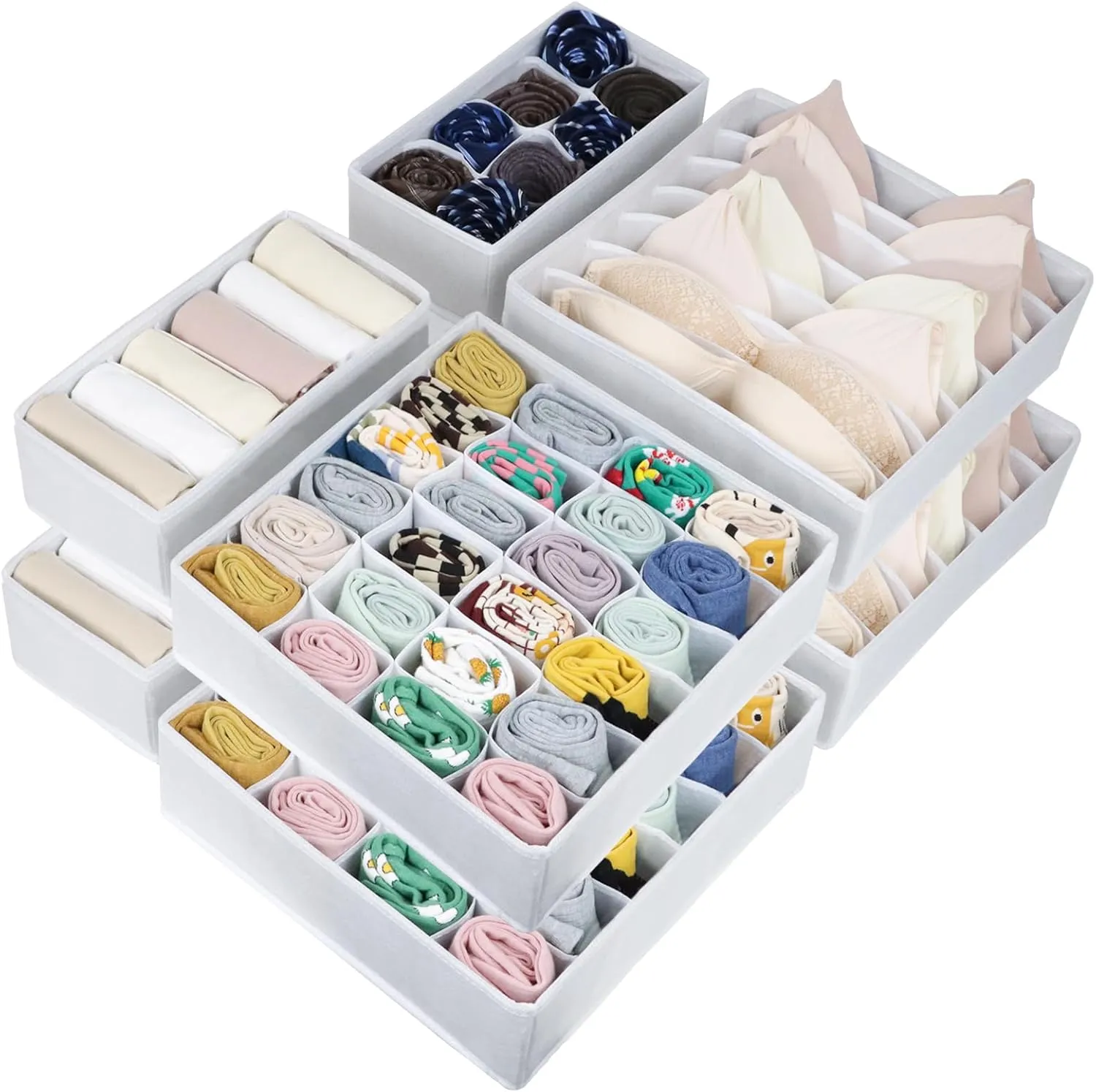 8 Packs Underwear Drawer Organizer Clothes, Foldable Bra Drawer Organizer Bins, 90 Cells Fabric Clothes Organizer Drawer Dividers for Socks, Ties, Bras, Baby Clothes, Nursery, Clothing (White)