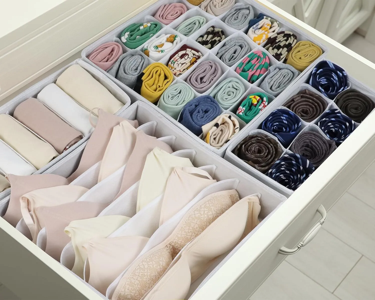 8 Packs Underwear Drawer Organizer Clothes, Foldable Bra Drawer Organizer Bins, 90 Cells Fabric Clothes Organizer Drawer Dividers for Socks, Ties, Bras, Baby Clothes, Nursery, Clothing (White)