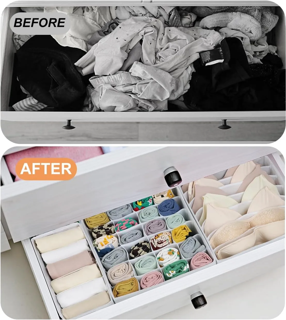 8 Packs Underwear Drawer Organizer Clothes, Foldable Bra Drawer Organizer Bins, 90 Cells Fabric Clothes Organizer Drawer Dividers for Socks, Ties, Bras, Baby Clothes, Nursery, Clothing (White)