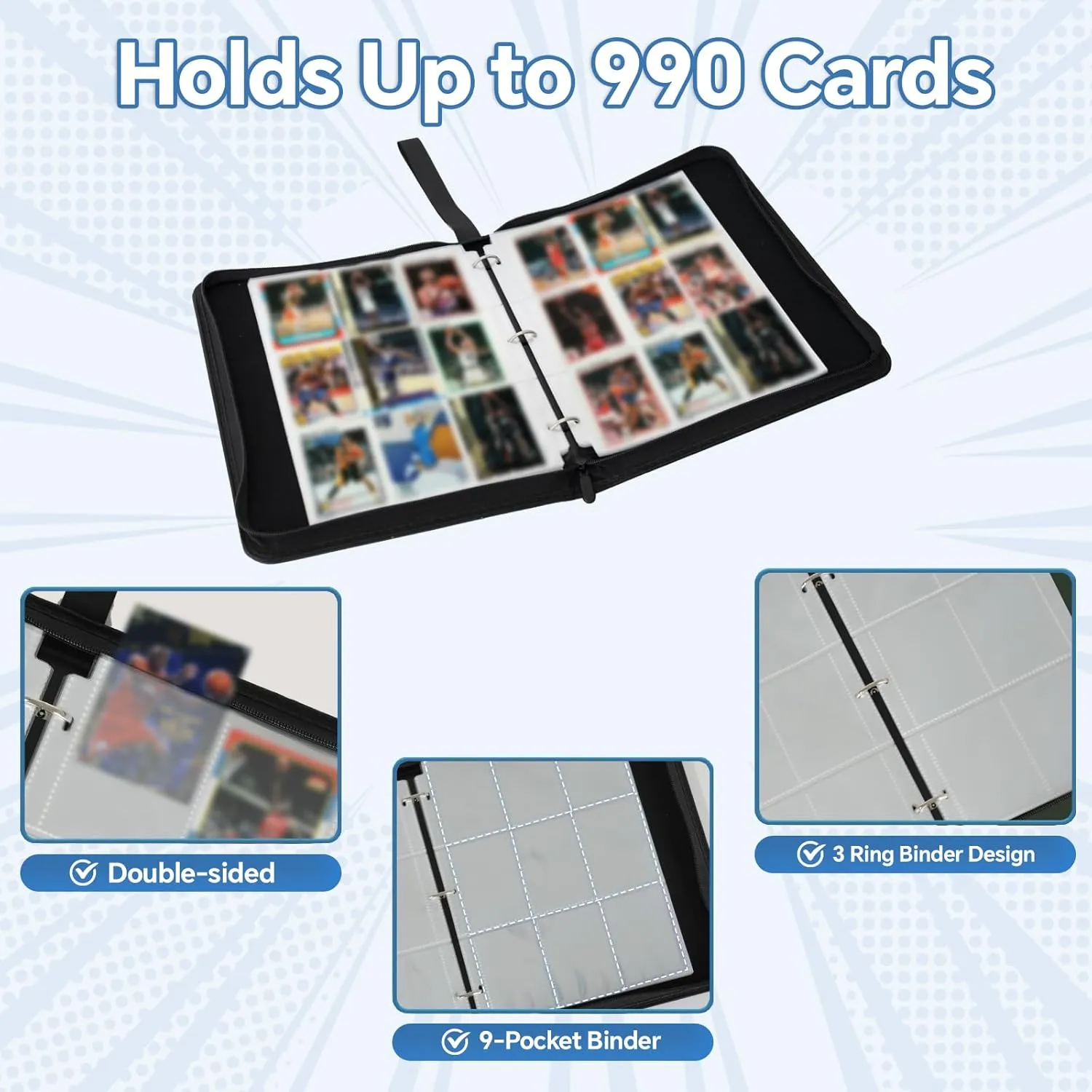 9-Pocket Card Binder - 990-Pocket Trading Card Binder with 55 Removable Double-Sided Sleeves, Collectible Trading Card Albums for Sports Cards, Game Cards, Top Loader Binder - Football